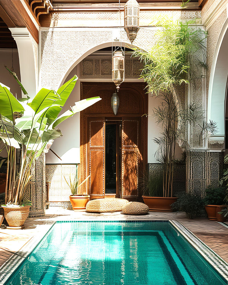 Patio marocain avec piscine, plantes luxuriantes et arches décorées