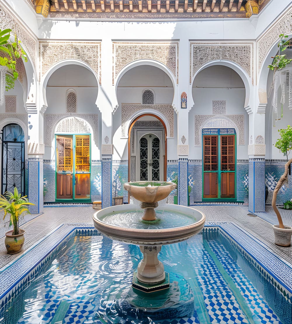 Cour intérieure avec fontaine centrale, arches marocaines et mosaïques colorées