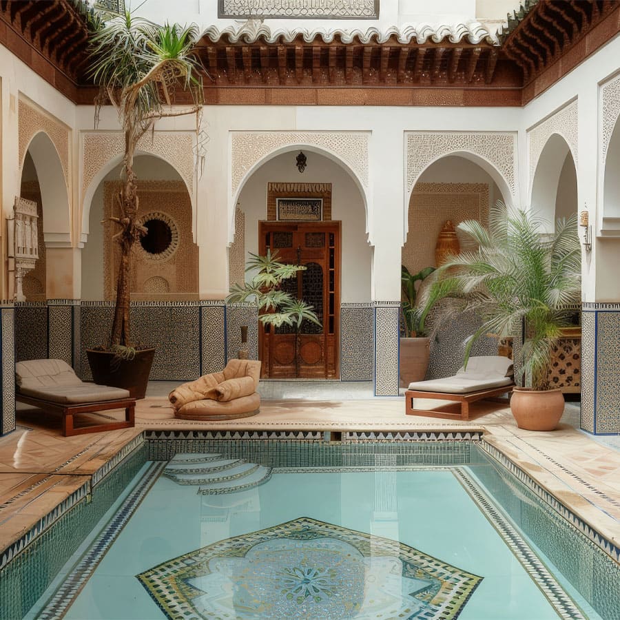 Patio traditionnel marocain avec piscine ornée, arches et transats